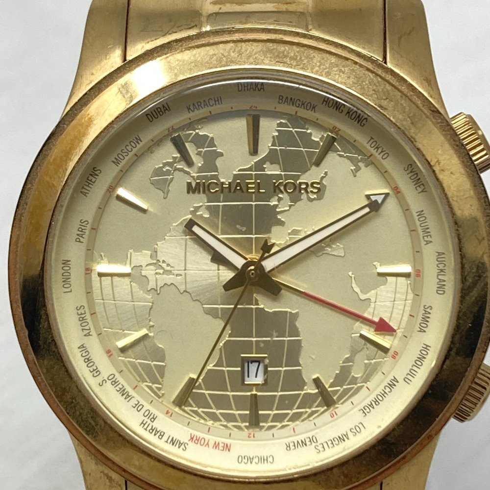 Michael Kors Watch Men 45mm Gold Tone Date World Time MK5960 100M New Battery 7" - Picture 2 of 15